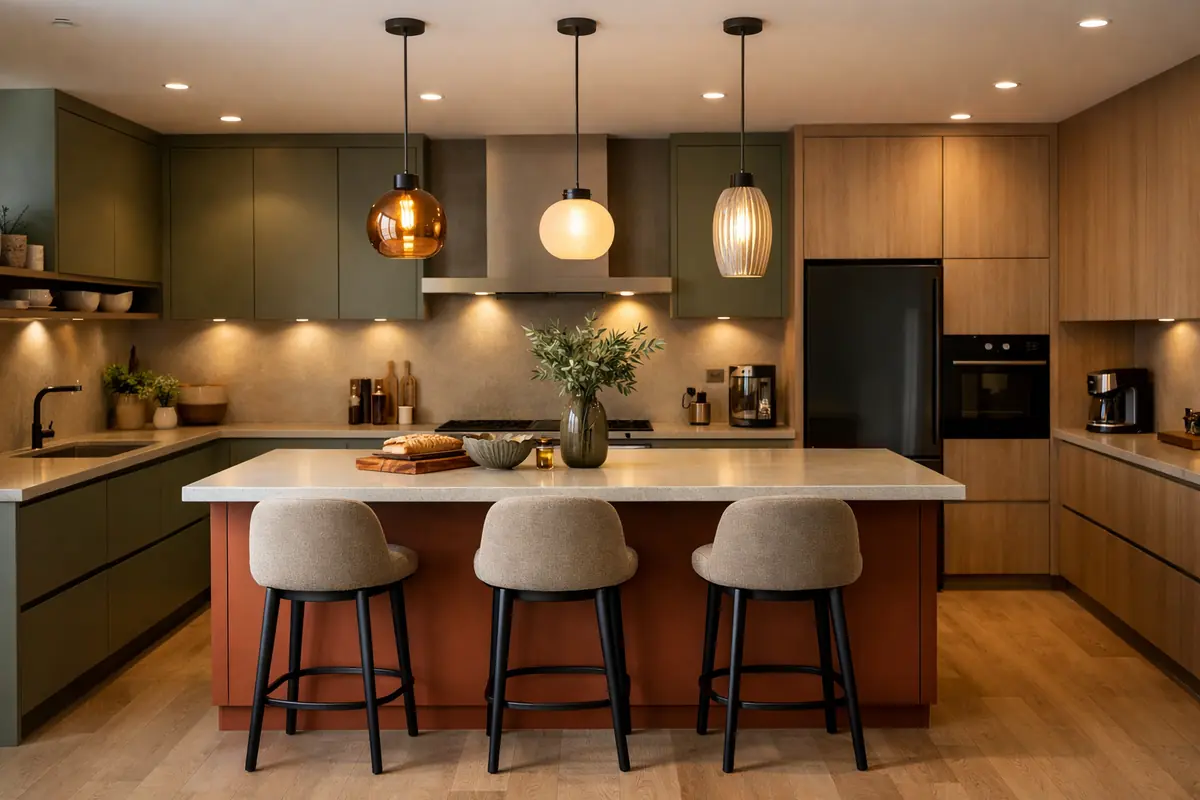 Photo d'une cuisine moderne avec un îlot central, des rangements optimisés et des luminaires design, créant un espace fonctionnel et esthétique.