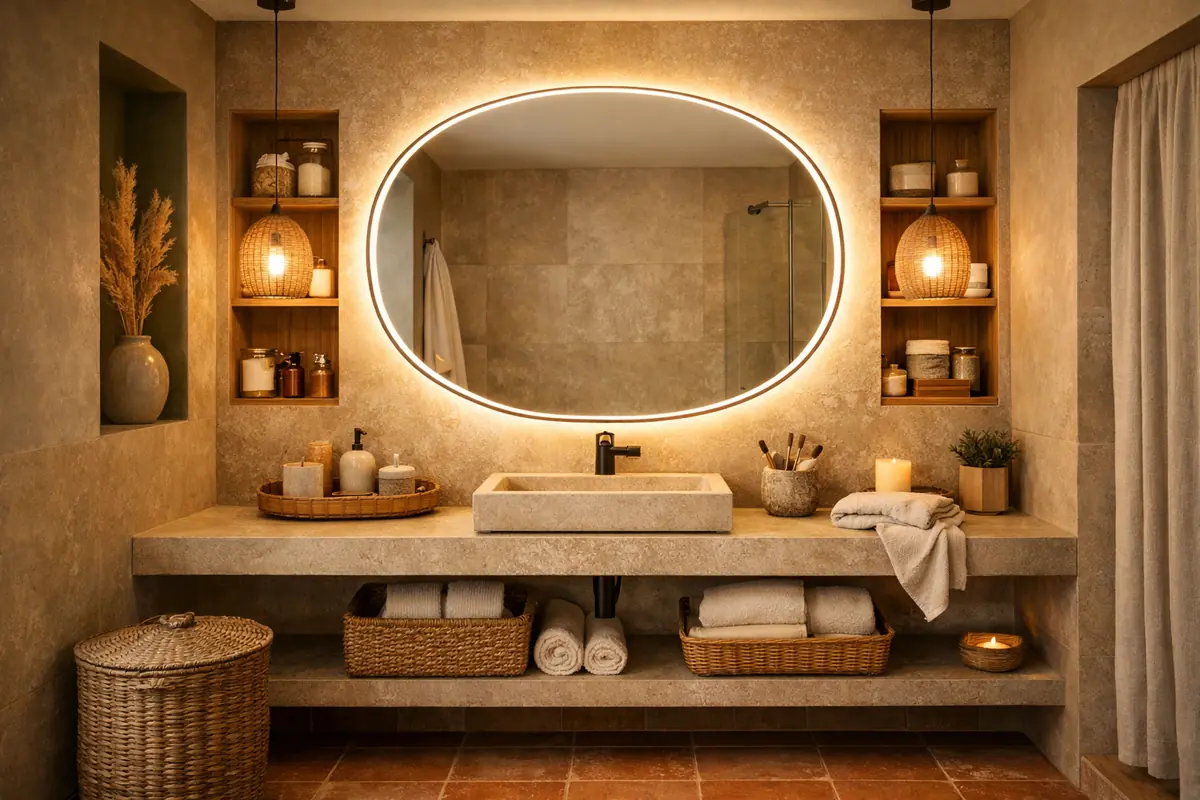 Photo d'une salle de bain moderne avec une ambiance relaxante, un miroir éclairé et des rangements pratiques intégrés, créant un espace de bien-être.