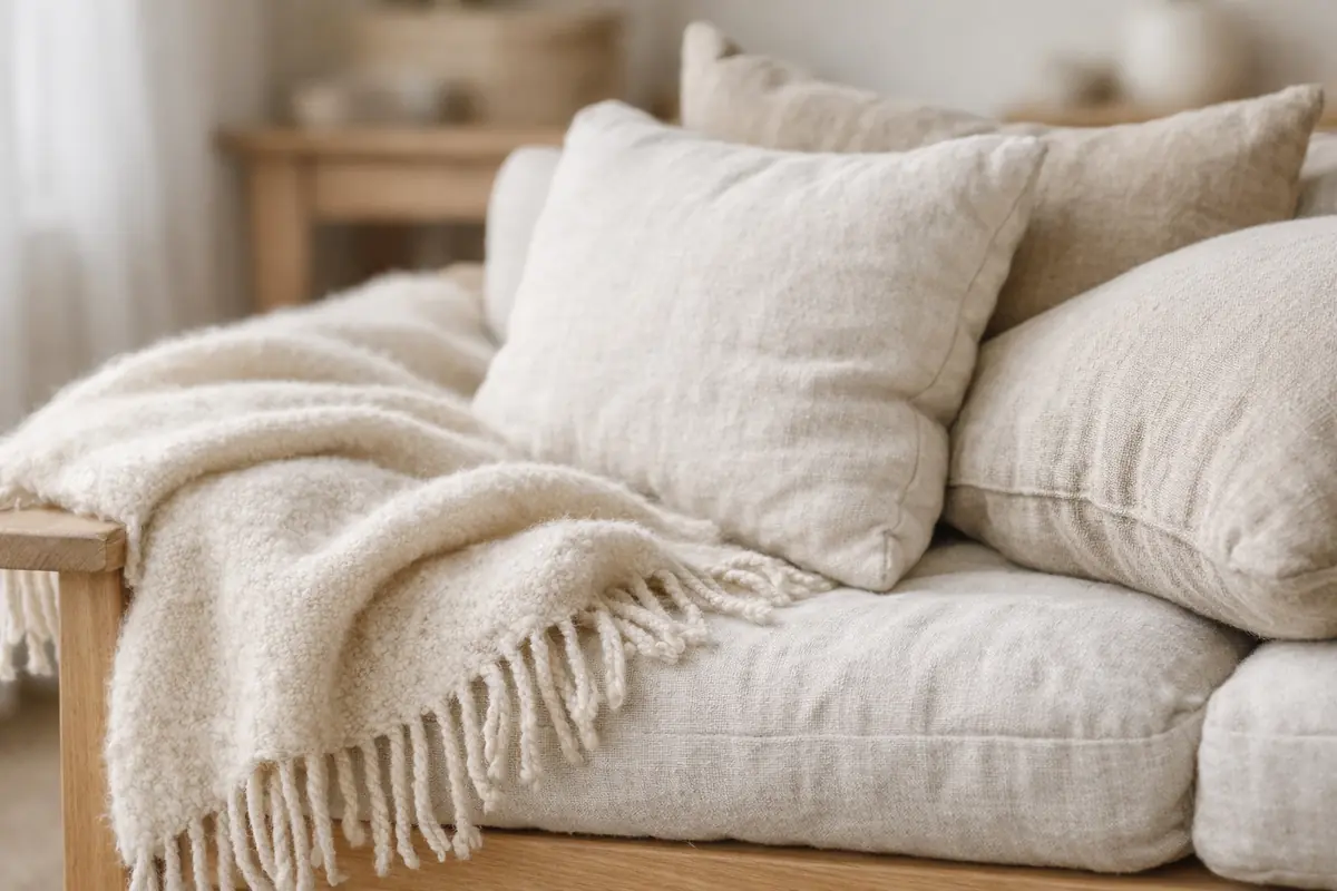 Plaid en laine beige et coussins en lin naturel disposés sur un canapé en bois clair dans un salon scandinave lumineux.