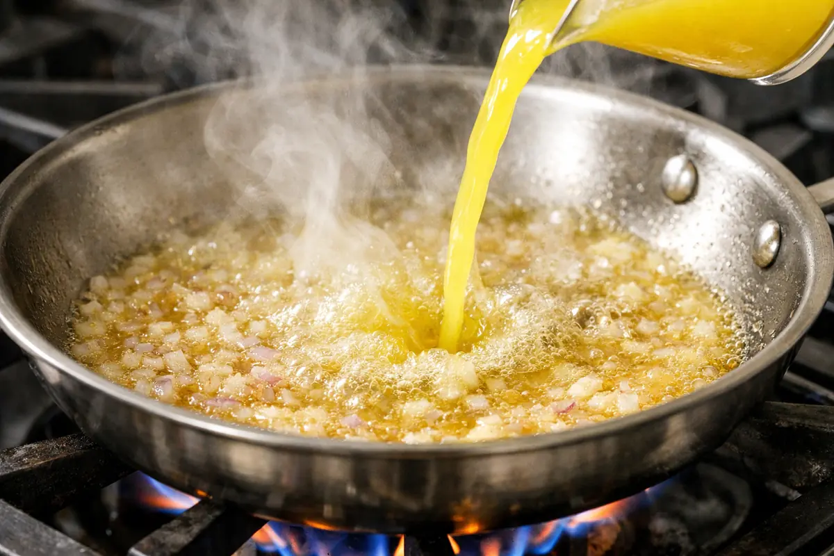 Poêle sur feu vif avec jus de citron versé sur une base de beurre et d'échalotes, vapeur visible, phase de déglacage en cours.