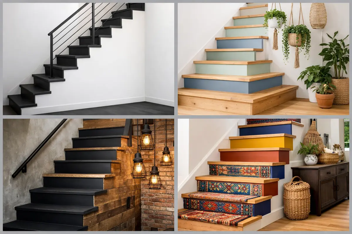 Quatre exemples d'escaliers peints : moderne (blanc/gris), scandinave (bois clair/pastel), industriel (noir/bois brut), bohème (couleurs vives/motifs).