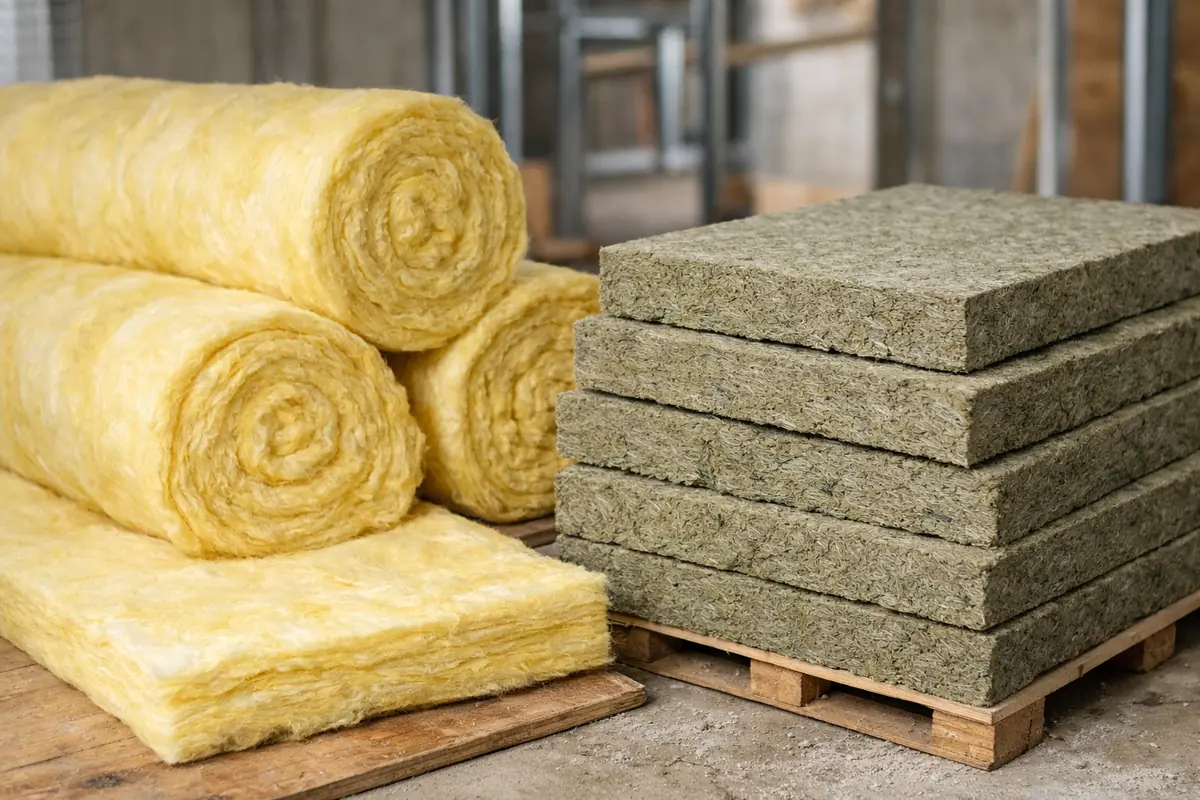 isolants-mineraux-laine-de-verre-laine-de-roche-2026 Rouleaux de laine de verre et panneaux de laine de roche présentés côte à côte sur un chantier d'isolation.