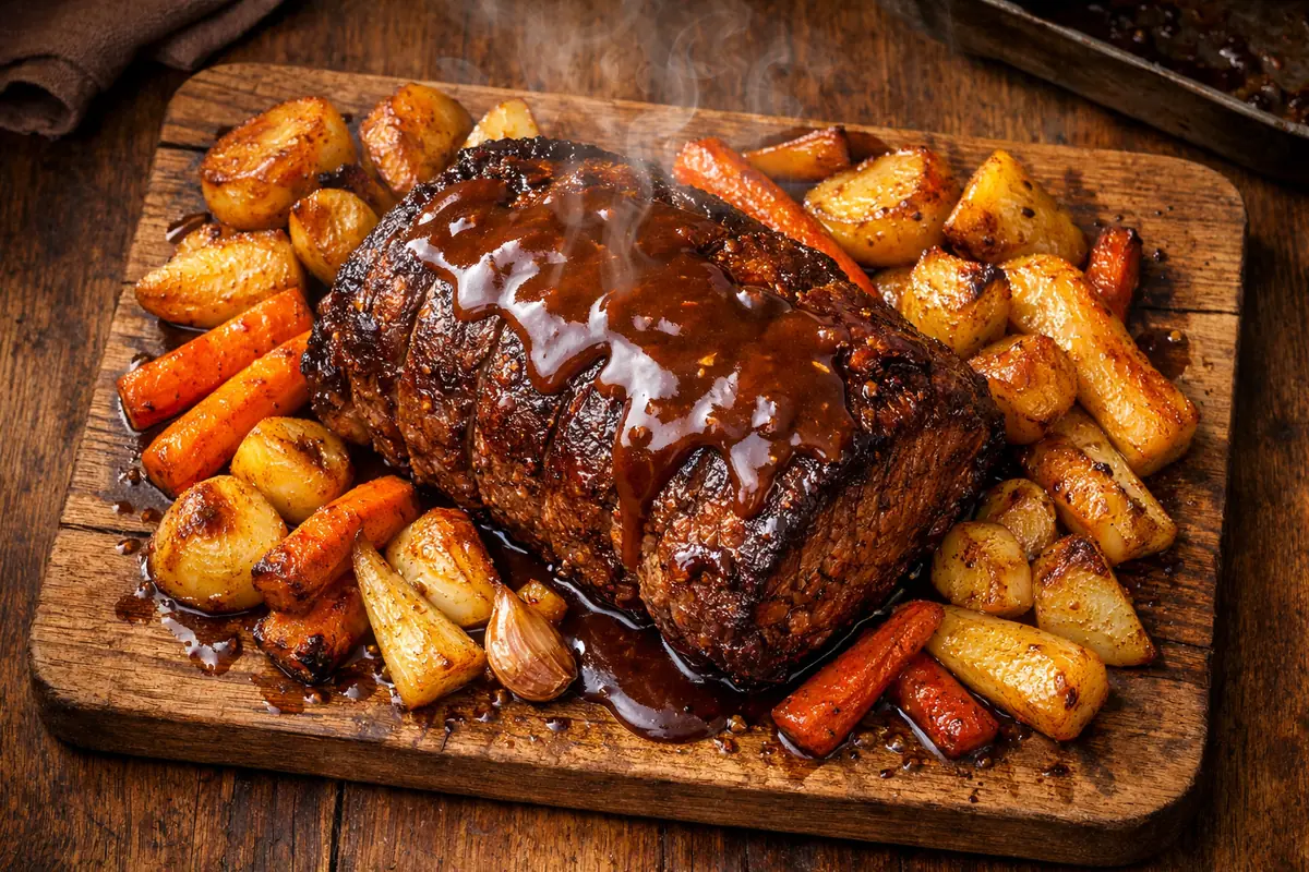 Rôti de bœuf juteux sorti du four, nappé d'une sauce onctueuse, entouré de légumes confits.