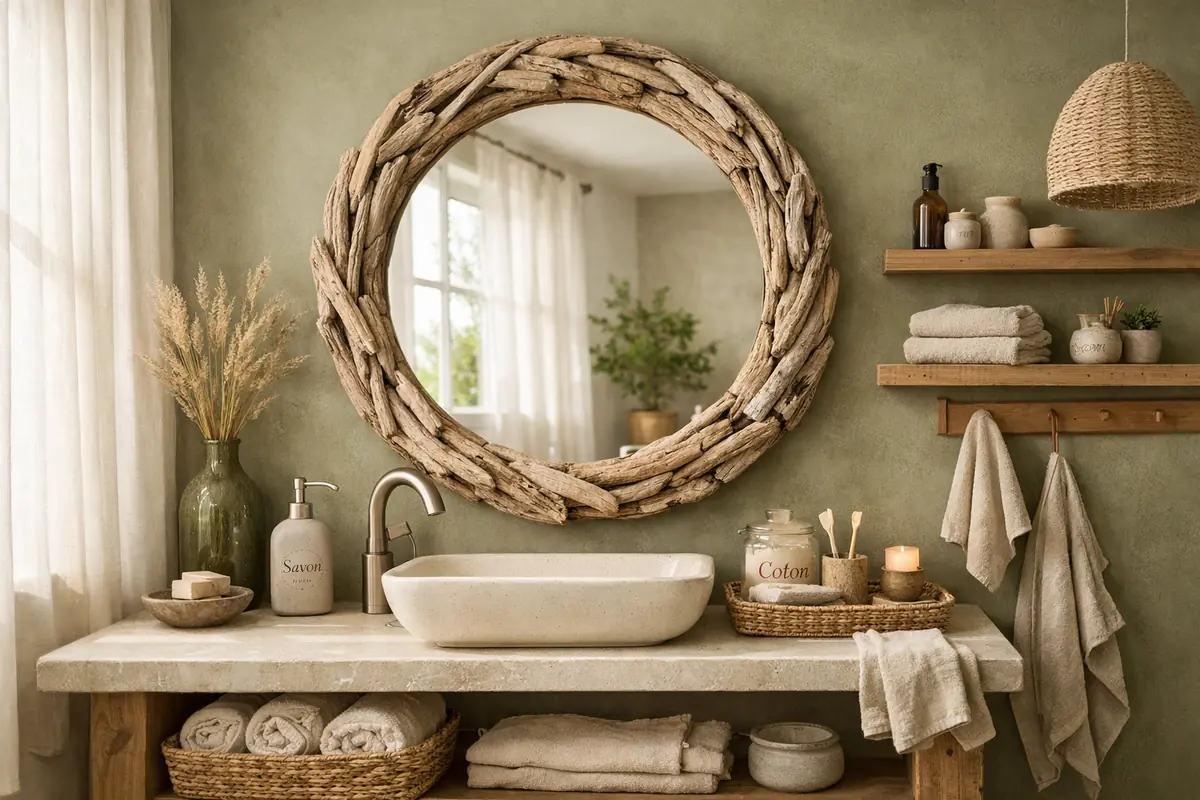 Salle de bain avec miroir rond encadré de bois flotté, esprit nature et authentique