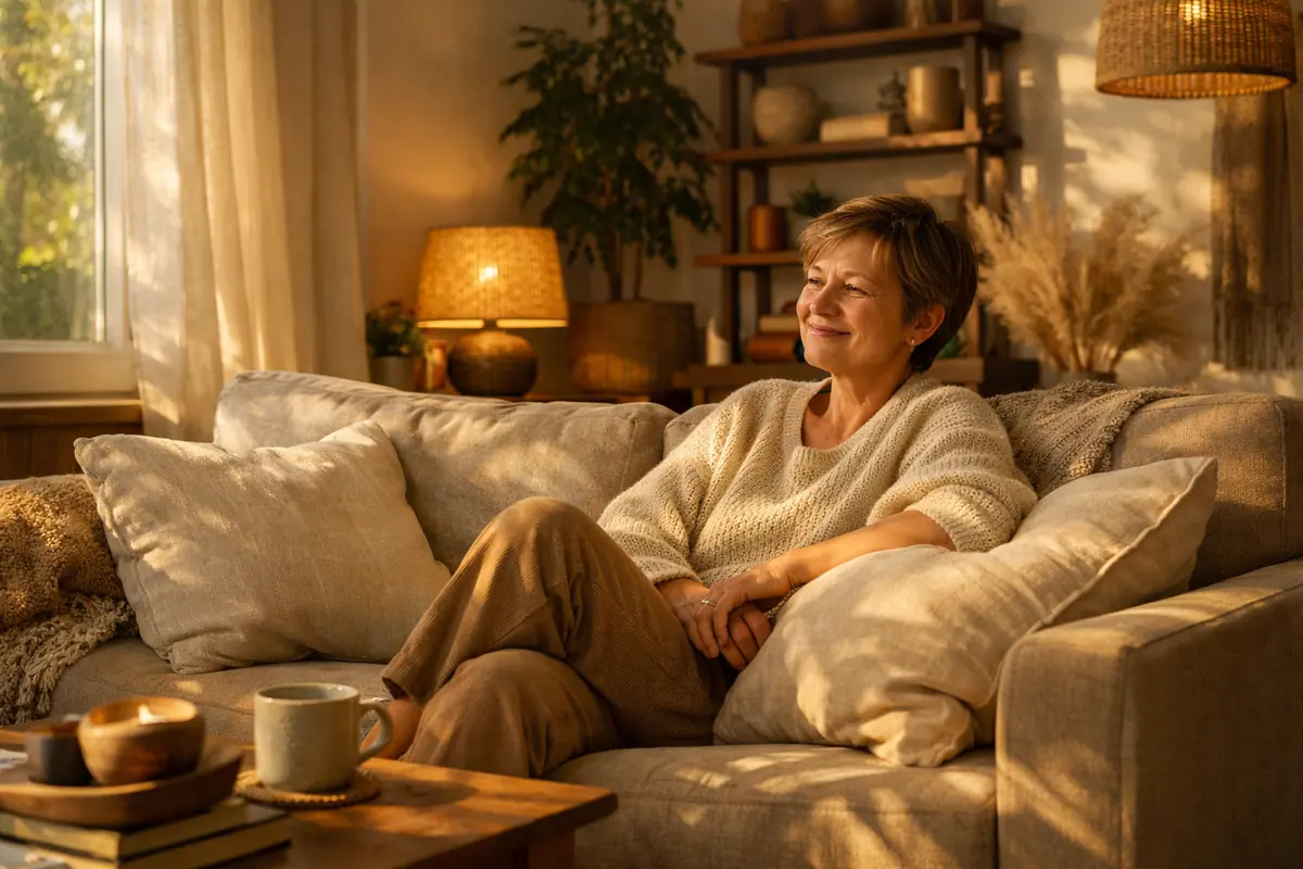interieur-chaleureux-isolation-mur-2026 Salon lumineux avec une personne souriante, illustrant le confort d'une maison bien isolée.