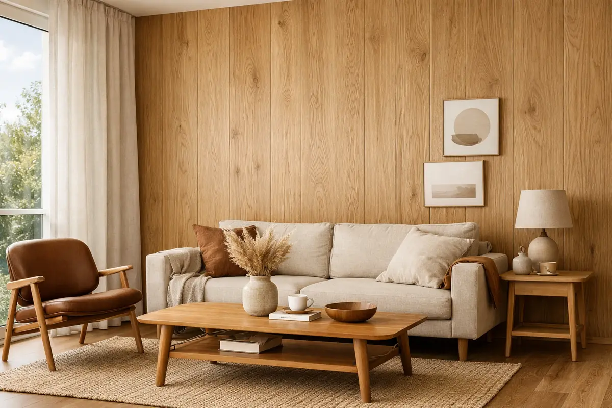 Salon moderne avec mur entier recouvert de panneaux en bois clair, ambiance scandinave