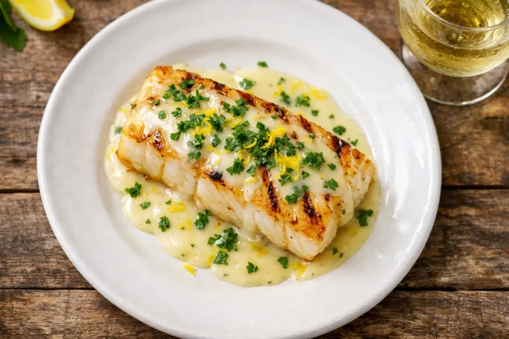 Sauce Citron Poisson — Sauce citron pour poisson, nappant délicatement un filet de cabillaud grillé, ambiance fraîche et gourmande.