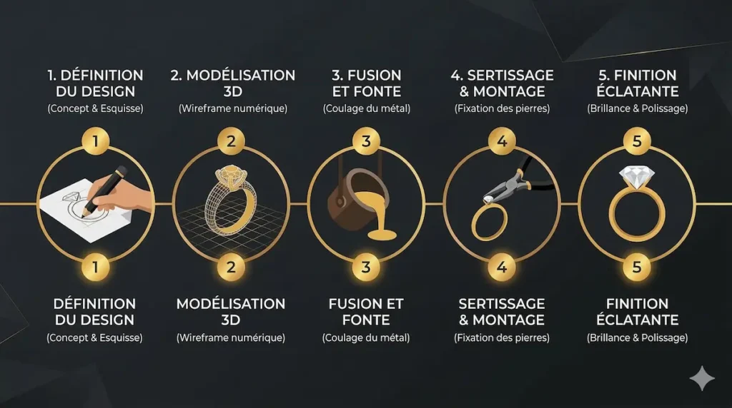 Infographie en 5 étapes montrant le processus de création d'une bague sur mesure, du croquis initial sur papier à la modélisation 3D jusqu'au polissage final de la pièce.