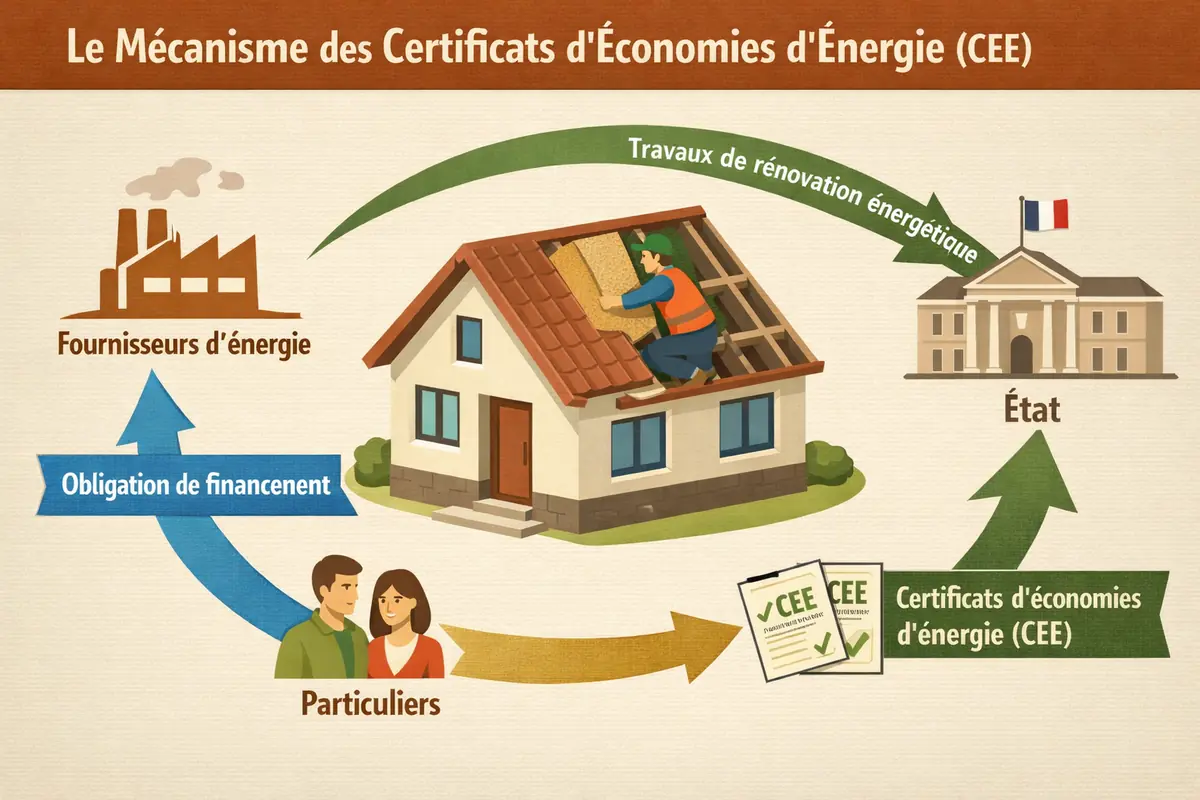 Schéma illustrant le fonctionnement des Certificats d'Économies d'Énergie (CEE) et leur impact sur le financement des travaux de rénovation énergétique.