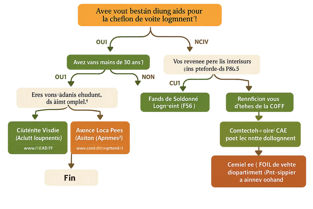 Schéma de décision pour identifier l'aide à la caution logement adaptée à votre profil (âge, statut, revenus).