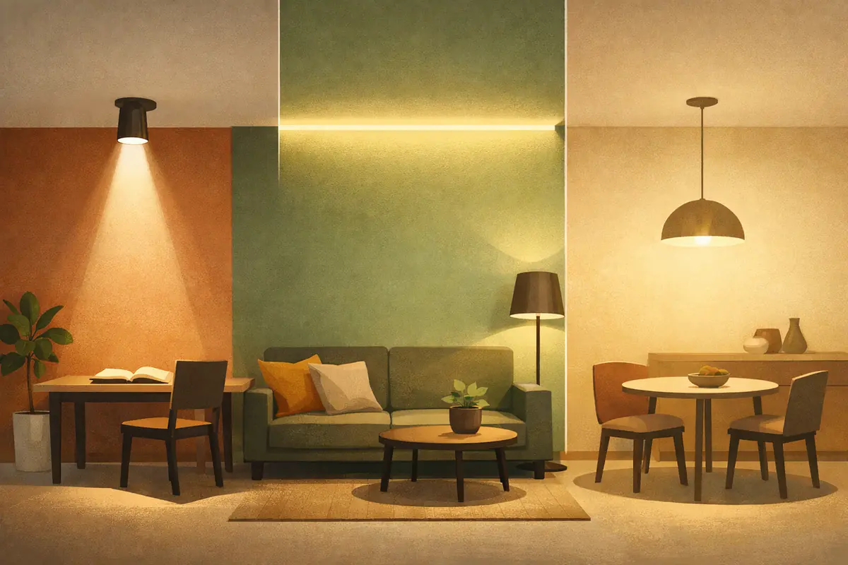 Schéma illustrant les types d'éclairage direct, indirect et d'ambiance dans un intérieur moderne, avec des exemples concrets.