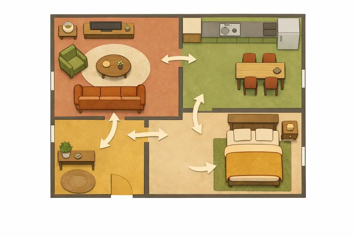 Schéma simplifié d'un plan de maison montrant le flux de circulation entre le salon, la cuisine, la chambre et l'entrée, avec des flèches directionnelles.