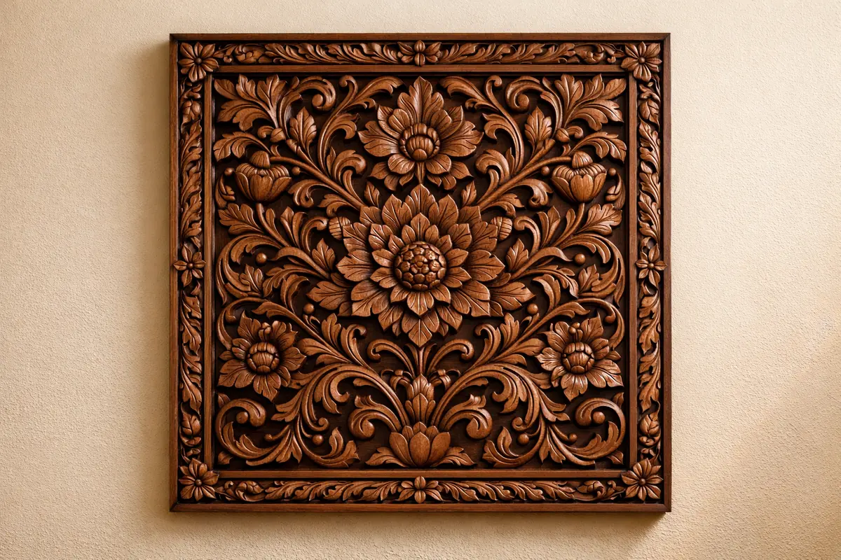 Tableau sculpté en bois représentant un motif floral délicat, accroché sur un mur clair