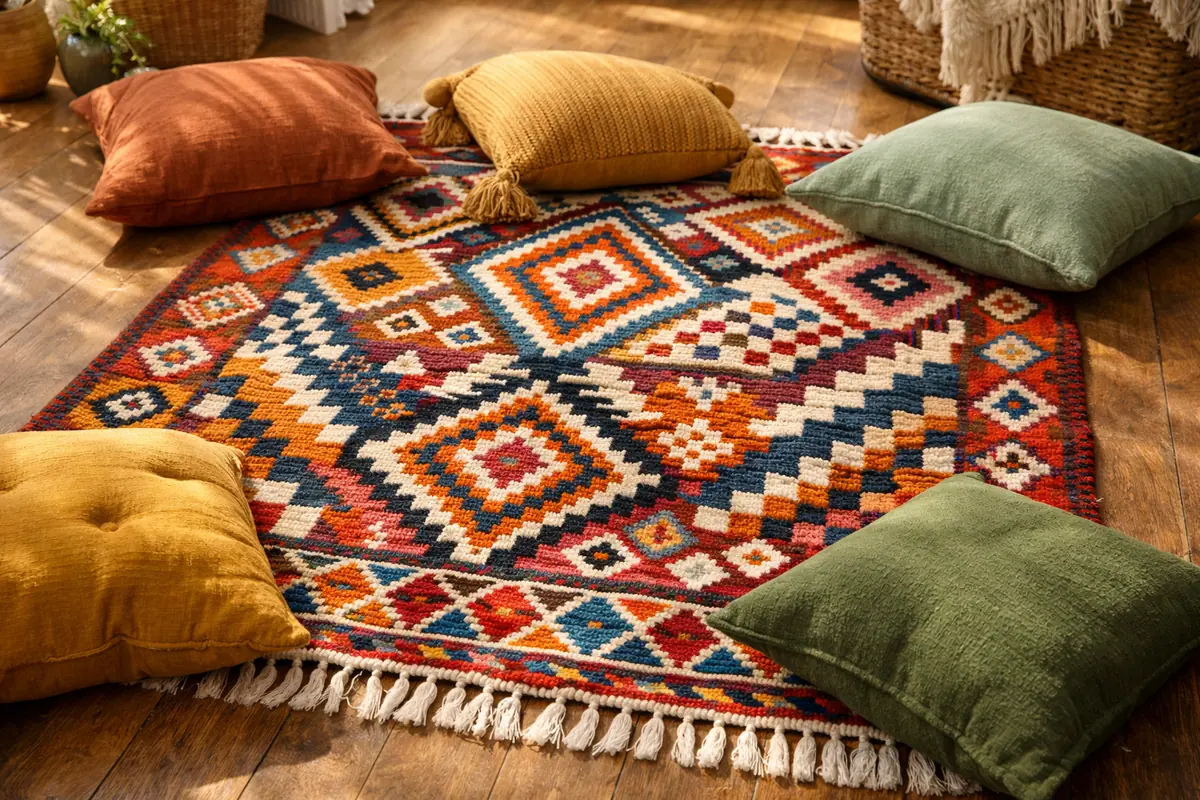 Tapis berbère à motifs géométriques et coussins colorés disposés sur un parquet en bois dans un intérieur bohème lumineux.
