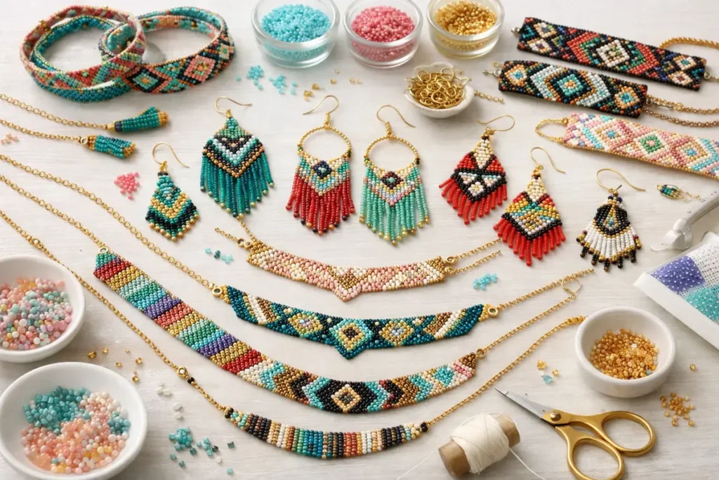 Créations de tissage de perles colorées et complexes, ambiance chaleureuse et artisanale. patron modele tissage perle