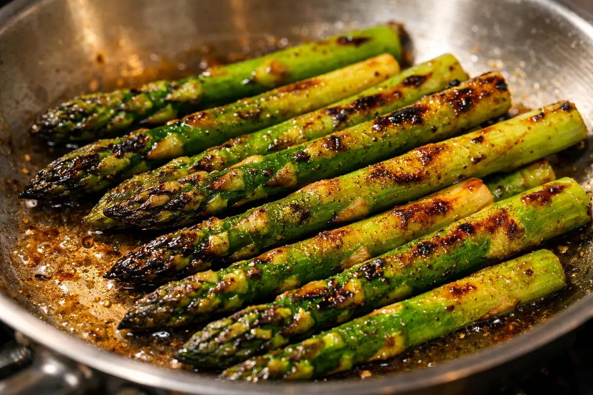 asperges-vertes-sautees-poele.jpg Asperges vertes cuites à la poêle, montrant une coloration dorée appétissante et une texture légèrement croquante.
