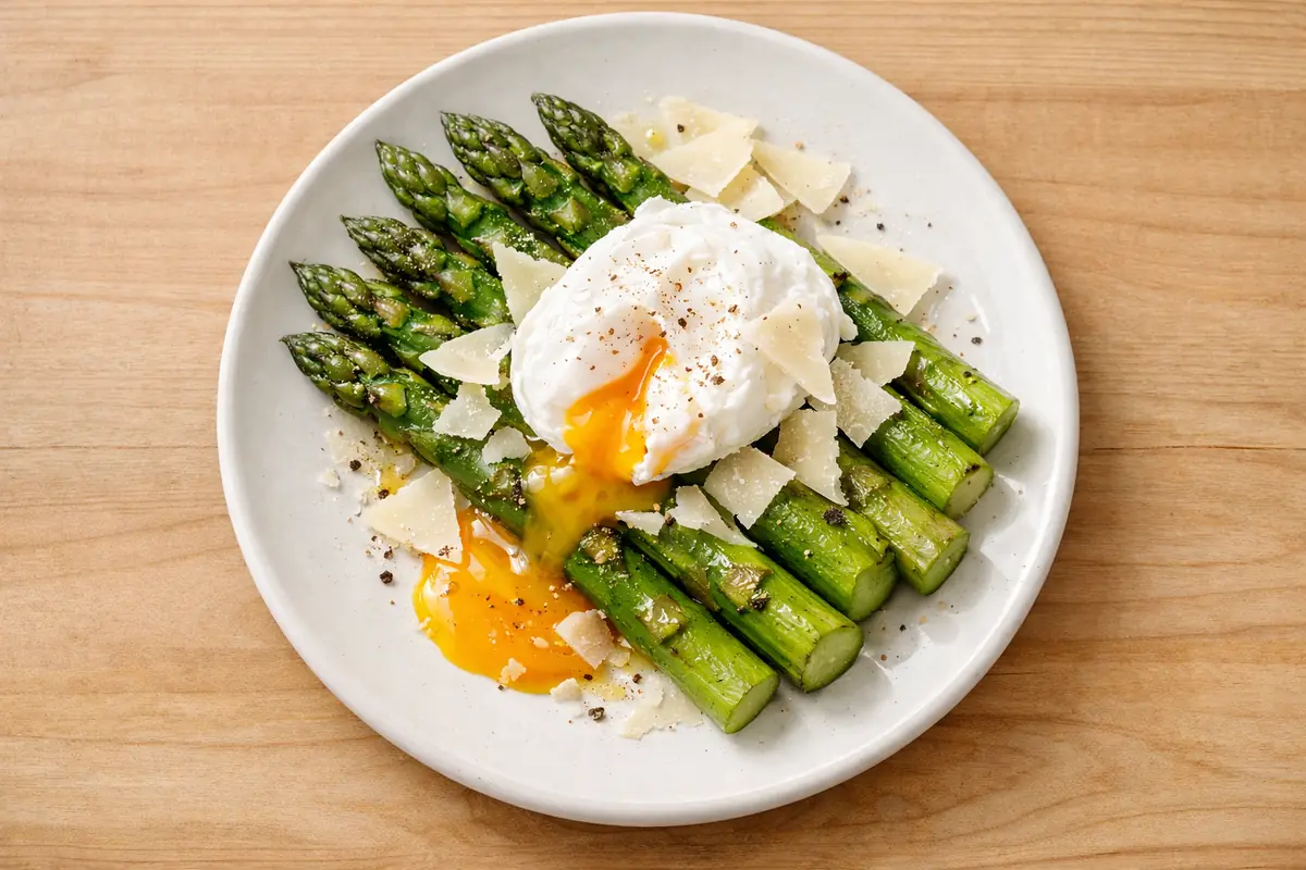 asperges-oeufs-poches-parmesan.jpg Assiette élégante d'asperges vertes cuites, nappées d'un œuf poché coulant et parsemées de copeaux de parmesan.
