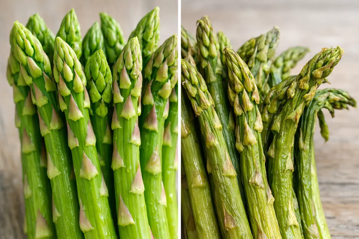 asperges-fraiches-vs-asperges-fanees.jpg Comparaison visuelle : asperges fraîches (tiges fermes, pointes serrées) à gauche, asperges moins fraîches (tiges molles, pointes ouvertes) à droite.