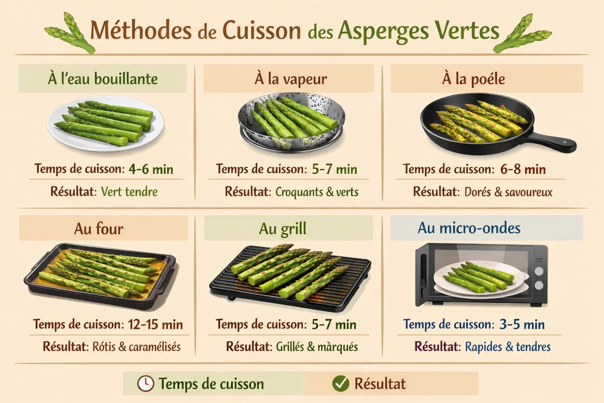 comparatif-cuisson-asperges-vertes.jpg Infographie comparant les différentes méthodes de cuisson des asperges vertes (eau, vapeur, poêle, four, grill, micro-ondes) avec leurs temps de cuisson et résultats visuels.